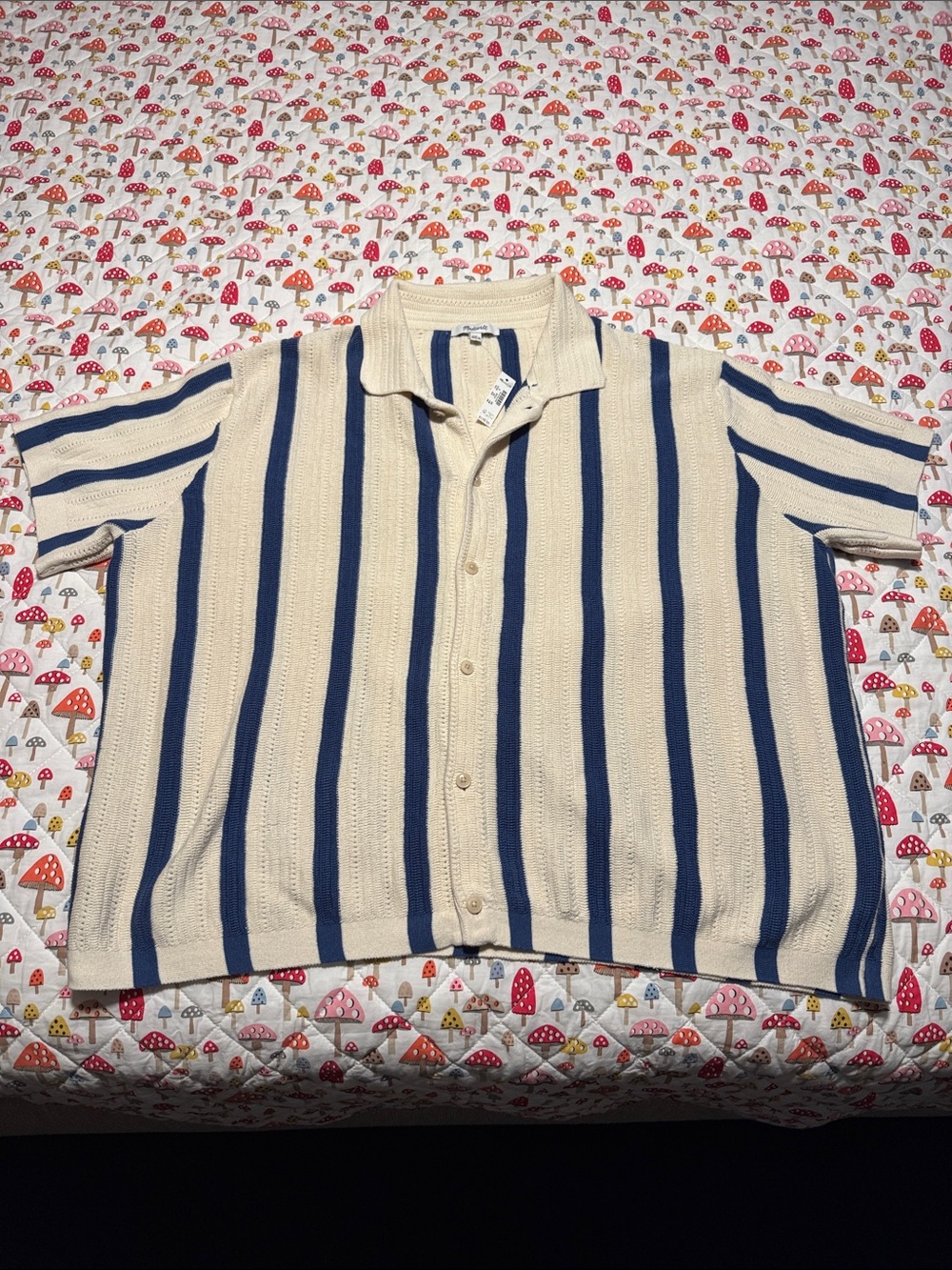 Madewell Cream and Navy Vertical Stripe Knit Button-Front Shirt XL Men’s